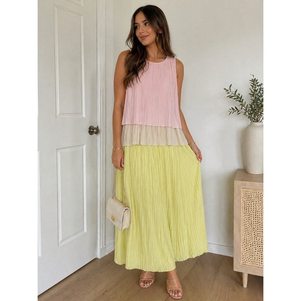 Hugo Boss Pleated Tiered Maxi Dress Colorblock Pink Yellow Flowy Sleeveless Sz L